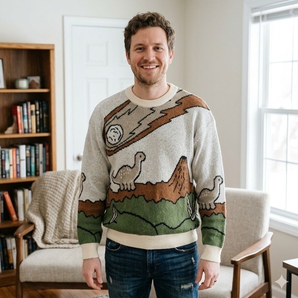 Unbranded Other - Prehistoric Dinosaur Meteor Sweater Mens XL Cream Retro Intarsia Knit Retro